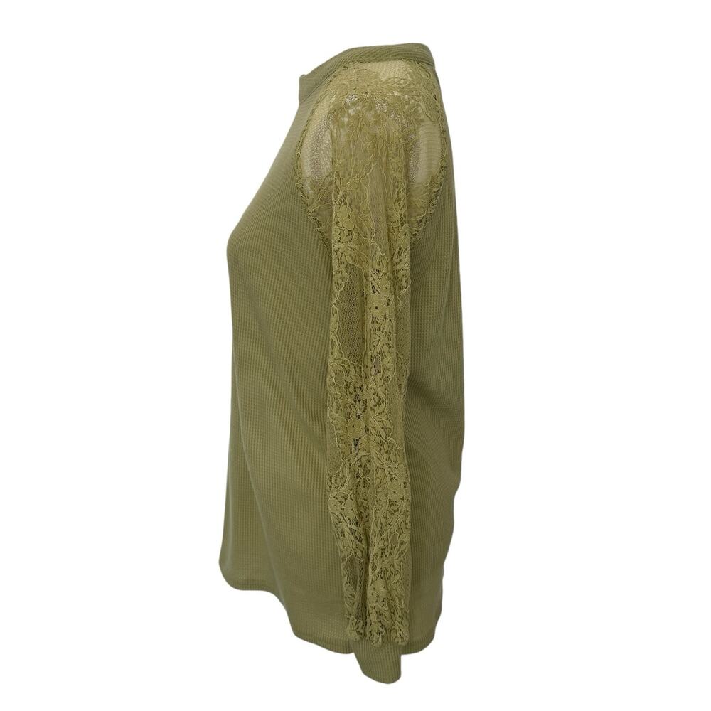 MIHOLL Olive Green Waffle Knit Top with Sheer Floral Lace Long Sleeve Size Small - Picture 5 of 11
